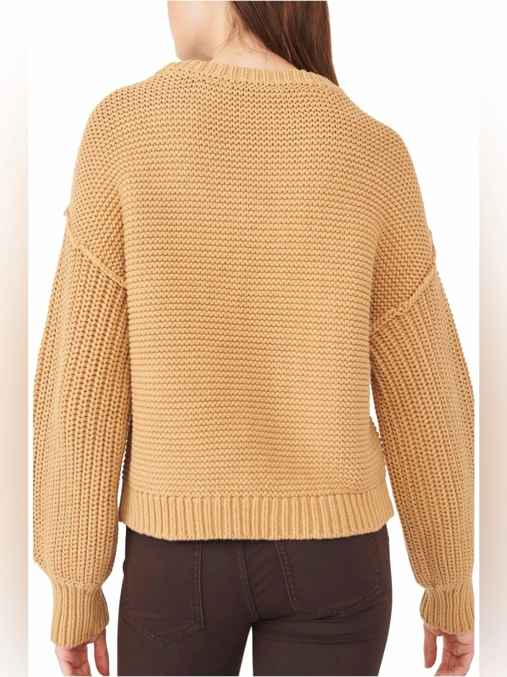Free People Cable Knit Crewneck Sweater in Camel Tan